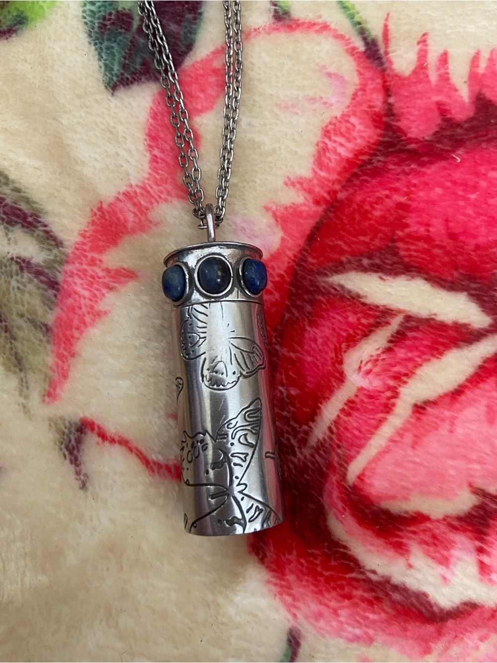 Johnny Was Silver Butterfly Pendant LocketNecklace with Lapis Stones and Charms